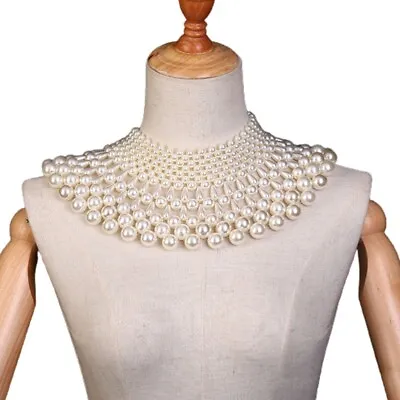 Wedding Dress Statement Necklace Fanshaped Pearl Beaded Bib Choker Collar Shawl • £15.46