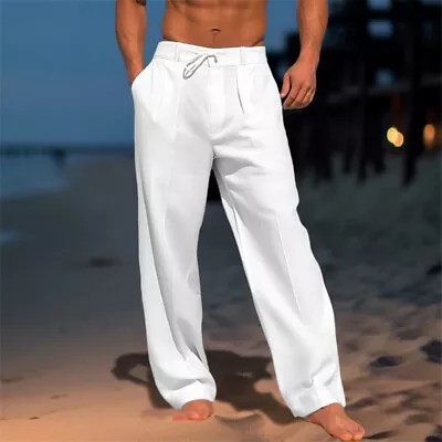 Men's Linen Pants Summer Beach Pants Solid Color Casual Daily Holiday Trousers • $20.64