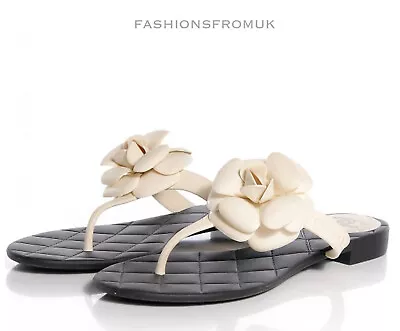 Chanel White  Camellia  Flower Black Quilted Jelly Flip Flop Sandals 37 • £599