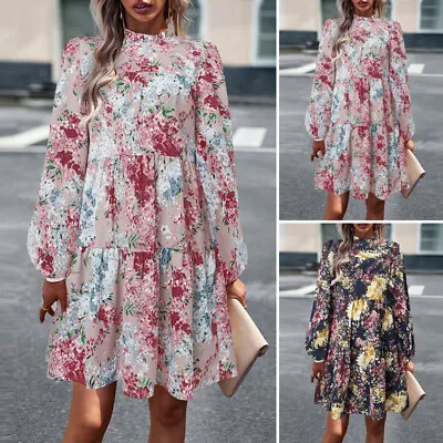 ZANZEA Womens Floral Print Long Sleeve Ruffles Party Casual Loose Mini Dress • $31.34