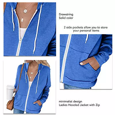 (Color Blue M)Women Casual Long Sleeve Zip Up Hooded Sweatshirt Hoodies GSA • £10.60