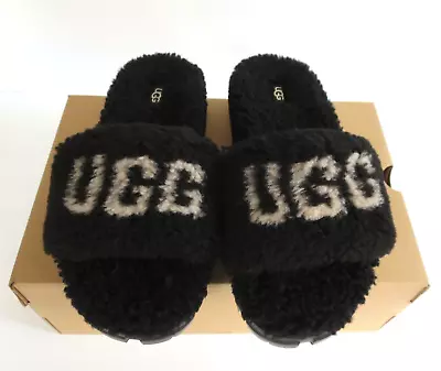 Ugg Cozetta Curly Graphic Slippers (9) Black/White Sandals UggPure Slides NEW • $59.99