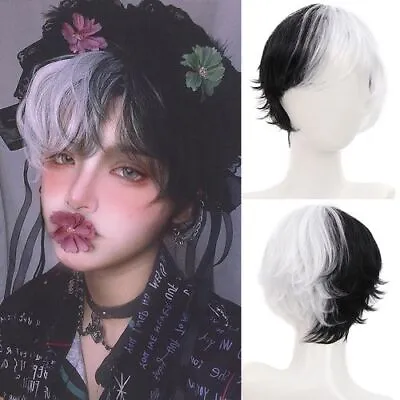 Unisex Anime Short Black And White Cosplay Wig With Bangs Heat Resistant USA  • $14.71