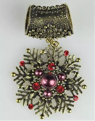 Vintage Gb Signed Gold Tone Scarf Slide With Red Rhinestones - Snowflake Design • $24.65