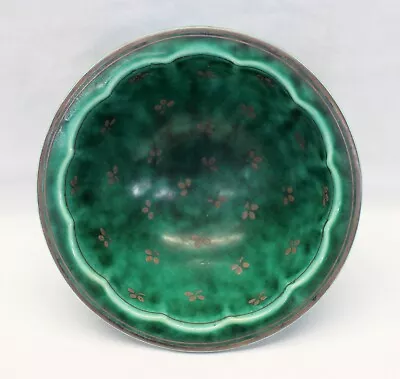 W. KAGE Gustavsberg Argenta FOOTED BOWL Pottery SWEDEN Green W/ SILVER OVERLAY • $99.95