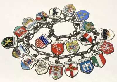 Vntg Travel Souvenir Charm Shield Bracelet 7  Germany Italy Other Countries 21 • $84