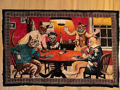 Vintage Velvet Tapestry Cats Playing Poker 54” X 36” Wall Hang Throw Rug • $85