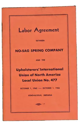 60’s Workers Union Labor Agreement No-Sag Spring Company And Upholsters Union  • $15.95