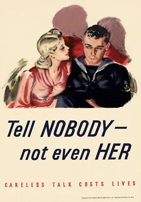 2W39 Vintage WWII Tell Nobody Not Even Her Wartime War Poster WW2 A2 A3 • £6.95