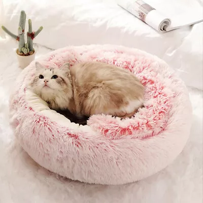 Round Plush Fluffy Hooded Cat Cave Cozy Pet Small Dog Soothing Bed Sleeping Nest • £12.95