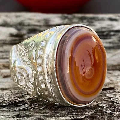 Big 925 Sterling Silver Men Ring Natural Eyes Yemen Agate Aqeeq خاتم عقيق بقراني • $83.63