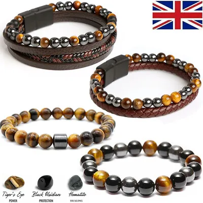 Tiger Eye Natural Stone Black Obsidian Hematite Beads Bracelets Men Women Gift • £6.99