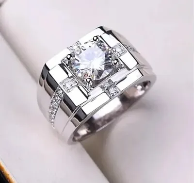 Size 10 Mens Lab Diamond Ring 3Ct Round Cut VVS1/D 14K White Gold Finish • $9.99