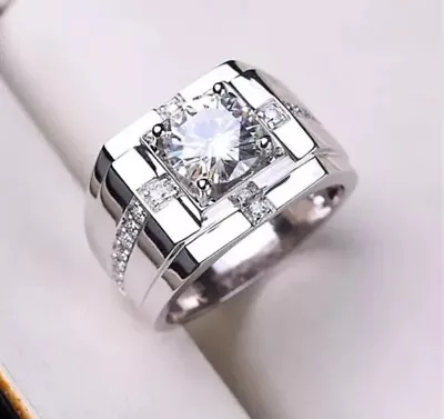 Size 8 Mens Lab Diamond Ring 3Ct Round Cut VVS1/D 14K White Gold Finish • $0.99