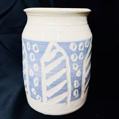 Kim Black Milledgeville Georgia GA Pottery Blue Beige Cutout 8in Vase Folk Art • $79.98