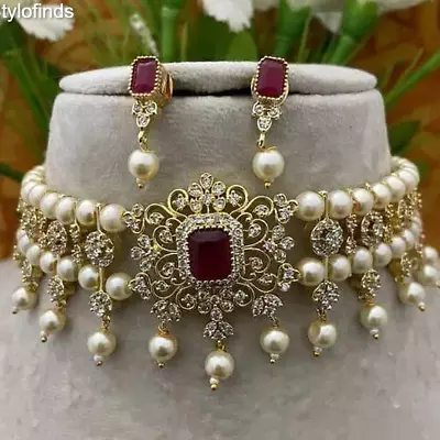 Indian Bollywood Bridal Jewelry Choker Pearl Gold Plated Kundan Necklace Set • $32.99