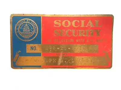 Vintage Engraved Metal Social Security ID Card Red Blue Ink With Copper Tone • $9.99