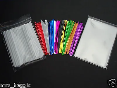 50 X 4.5  CAKE POP KIT PLASTIC STICKS 3.5  X 5  CELLO BAGS & METALLIC TWIST TIES • £4.99