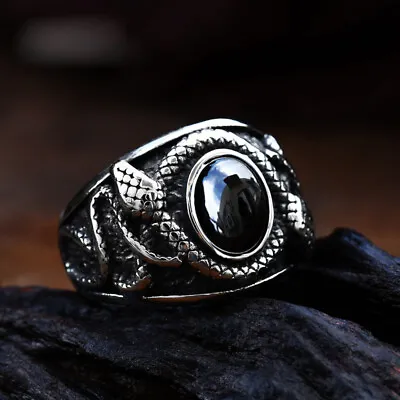 Black CZ Double Snake Signet Ring Stainless Steel Men's Vintage Biker Punk Ring • $11.99