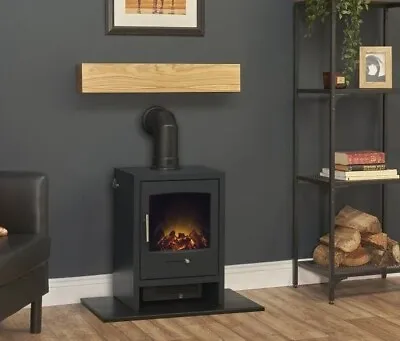 Black Electric Stove Fire Oak Beam Shelf Flame Led Log Effect Freestanding Bnib • £349.95