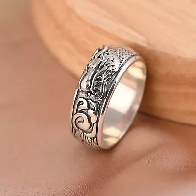 Real Solid 925 Sterling Silver Band Men Women Lucky Gift Cloud Dragon Ring • £22.19