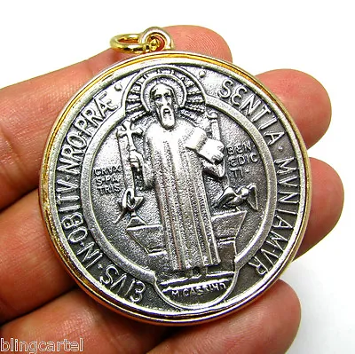 Medalla De San Benito St Benedict Large 48MM Italy Two Tone Gold Plated Pendant • $17.95