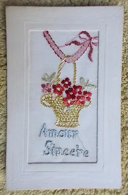 Vtg. Nos Silk Embroidered Postcard  Amour Sincere   Sincere Love  Flower Basket • $12.99