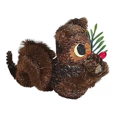 Vintage Carved Wood & Chenille Stem Squirrel Woodland Christmas Ornament • $11.20