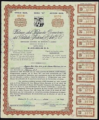 Mexico 1943 Bank Banco Pequeño Comercio Distrito Federal 100 Pesos Coupons Bond • $45