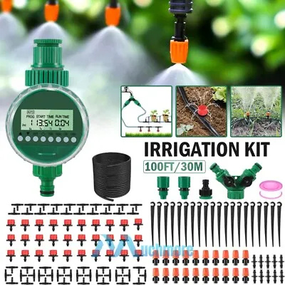 Automatic Drip Irrigation System Plant Timer Self Watering Garden W/ 100FT Hose • $10.89