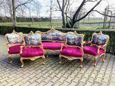 French Louis XVI Style Sofa Set With Chairs - Red/Fuchsia Velvet - European 1940 • $3960