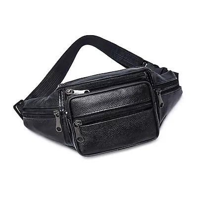 Leather Fanny Pack Multi Zippered Waist Bag Hip Belt Purse Black Pouch • £8.78