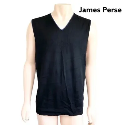$120 • Buy James Perse 100% Cashmere Black With Blue Trim V Neck Sleeveless Sweater Vest XL