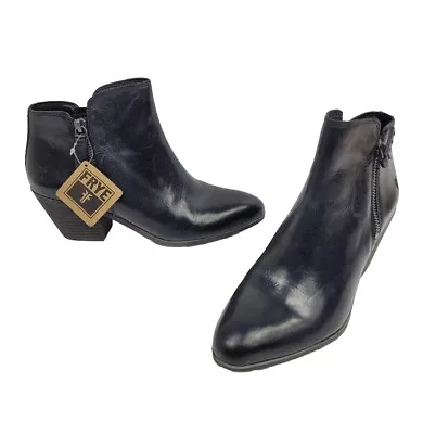 Frye Women Black Leather Judith Double Zip Heeled Block Ankle Booties Size 7 New • $119.57