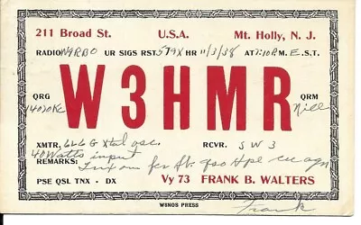 QSL 1938 Mount Holly New Jersey     Radio  Card • $6.02