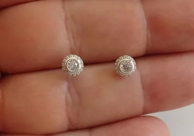 Micro Pave Stud Earrings W/ Lab Simulated Diamonds 925 Sterling Silver / 6.5mm  • $42.73