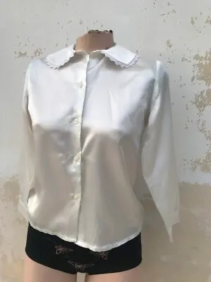 Vintage Cream Peter Pan Collar Satin Blouse With Lace Trim Small • £14.99