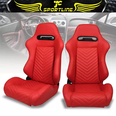 Universal Pair Reclinable Racing Seats + Dual Slider Red PU Leather V Stitch • $321.99