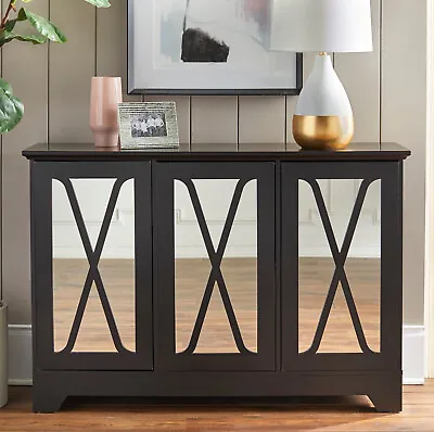 Black Storage Cabinet Mirrored Console Buffet Credenza Side Table Linen Pantry • $240.37