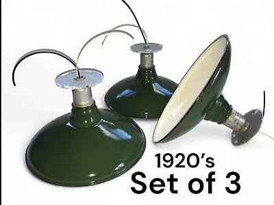 3 -1920's Benjamin 12  Porcelain Industrial Green Barn Lamp Vintage Light Flush • $855