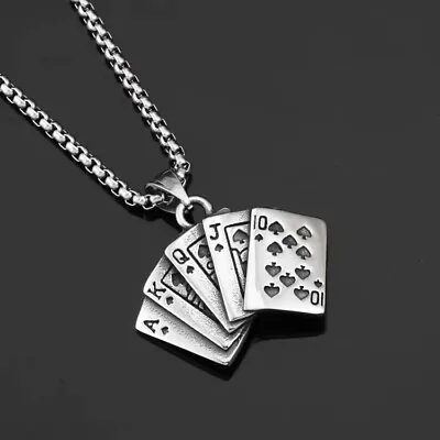 Mens Royal Flush Poker Card Pendant Necklace Lucky Jewelry Stainless Steel Chain • $11.99