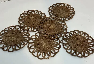 Vintage MCM Rattan Straw Woven Round 4”Coasters Boho Barware Set Of 6 • $12