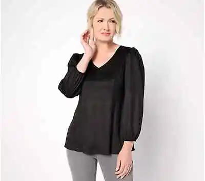 Susan Graver Faux Suede V-Neck Fit-and-Flare 3/4-Sleeve Top BlackLarge • $29