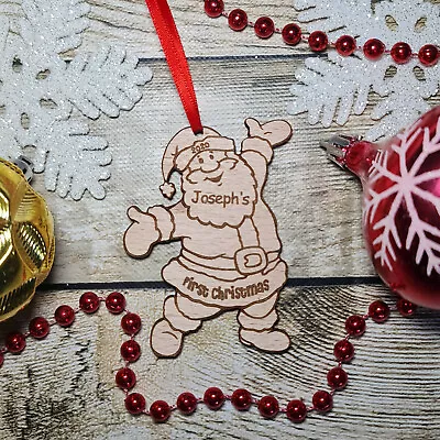 Personalised Father Christmas Santa First Christmas Tree Decoration Bauble Wood • £5.99