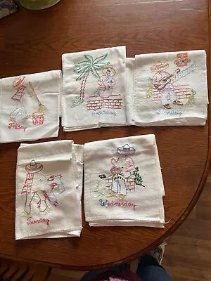 Vintage Large Size 5 Mexican Themed Embroidered Linen Towels Used Condition • $5