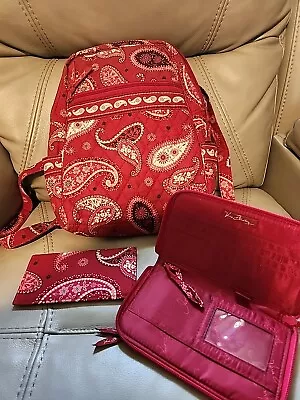 Vera Bradley Quilted Backpack & Matching Wallet And Check Book Cover Red Paisley • $28.50