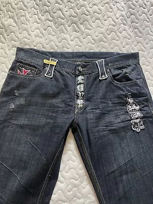 BLAC LABEL Jeans Mens Size 38x34 Distressed Blue Denim Skull Embroidered  • $40