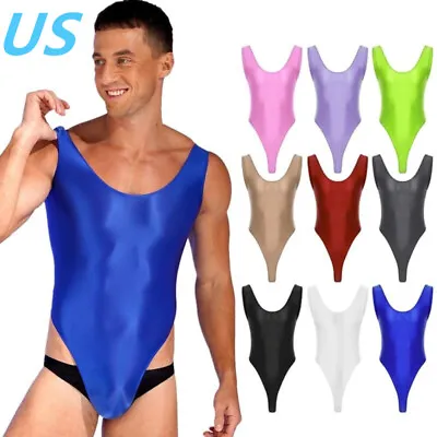 US Mens Shiny Glossy Bodysuit  One-piece Sleeveless Jumpsuit Wrestling Singlet  • $7.42