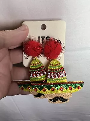 ITS Sense Green Yellow And Red Sombrero With Mustache Dangle Earrings NWT • $19.99