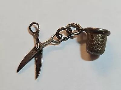 Sterling Silver Sewing Seamstress Thimble Scissors Charm Vintage 1940's • $19.99